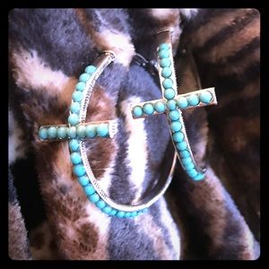 Brand new with tags- turquoise cross hoop earrings